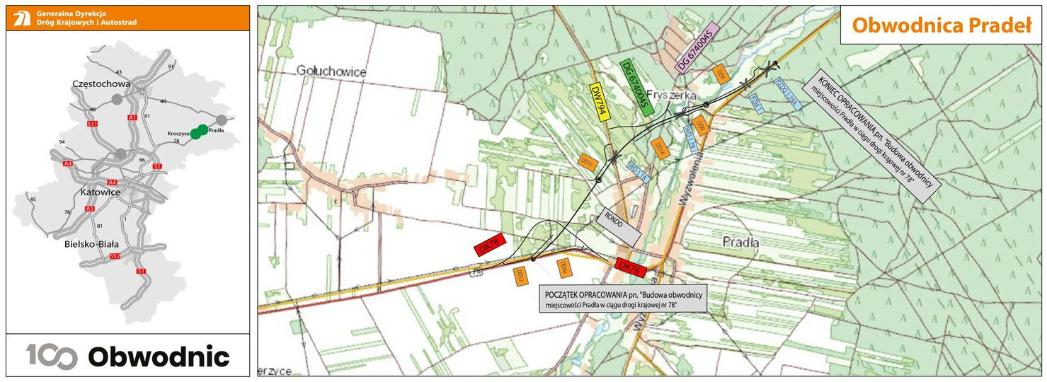 Mapka z oznaczeniem obwodnicy Pradeł/materiał GDDKiA