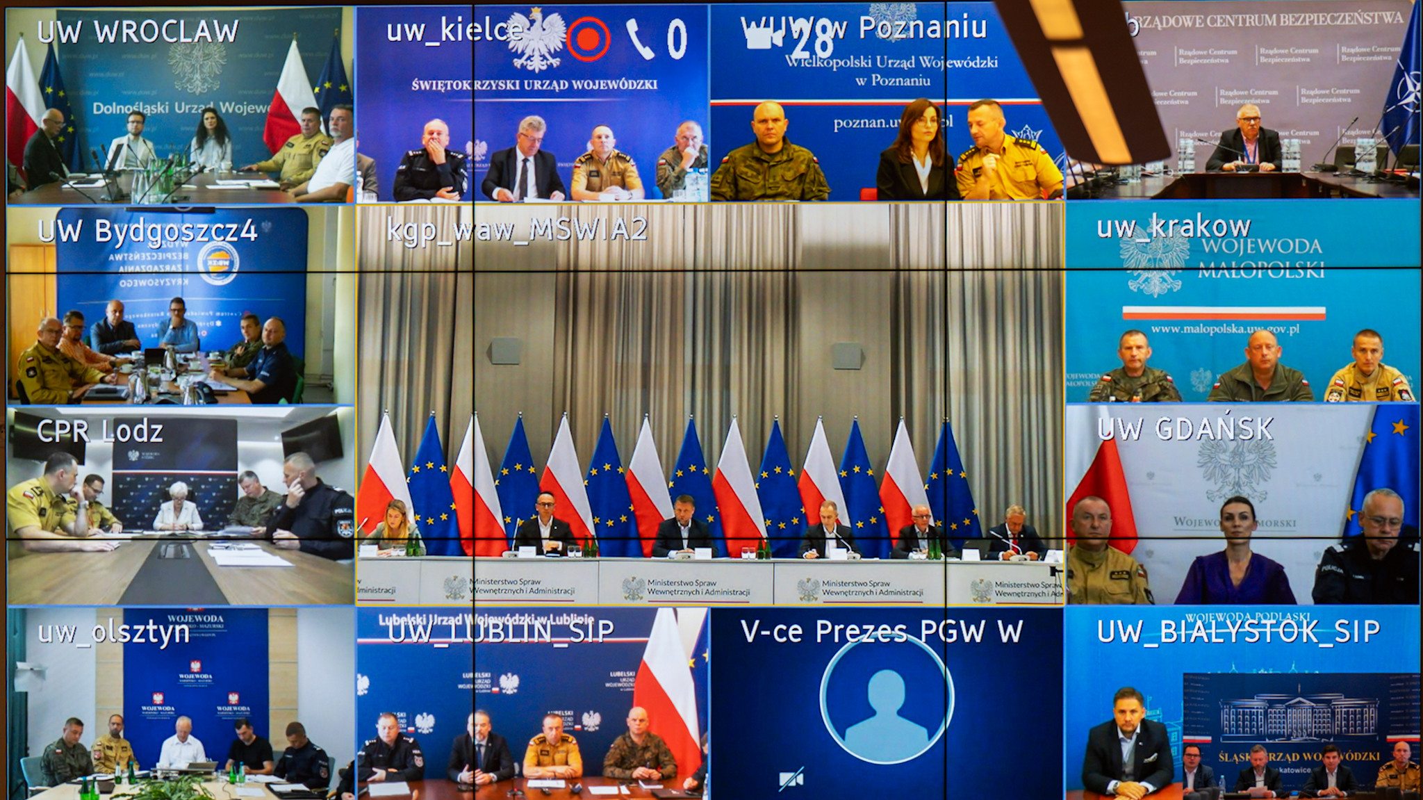 Ekran wideokonferencji wyświetlający obrazy z różnych kamer uczestników spotkania.