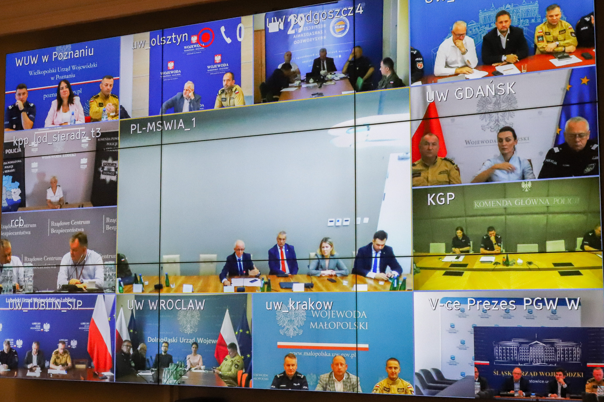 Ekran wideokonferencji wyświetlający obrazy z różnych kamer uczestników spotkania.
