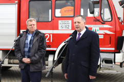Briefing prasowy dot. przyjęcia uchodźców z Ukrainy w siedzibie OSP w Niewieszach - Starostwa Gliwicki i Wójt Gminy Rudziniec /fot. A. Księżnik/